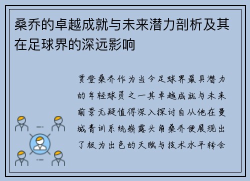 桑乔的卓越成就与未来潜力剖析及其在足球界的深远影响